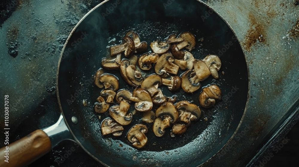 Sautéed mushrooms in a skillet showcased from an overhead perspective with a glossy finish highlighting rich textures and colors Sautéed mushrooms in a skillet showcased from an overhead perspective with a glossy finish highlighting rich textures and colors