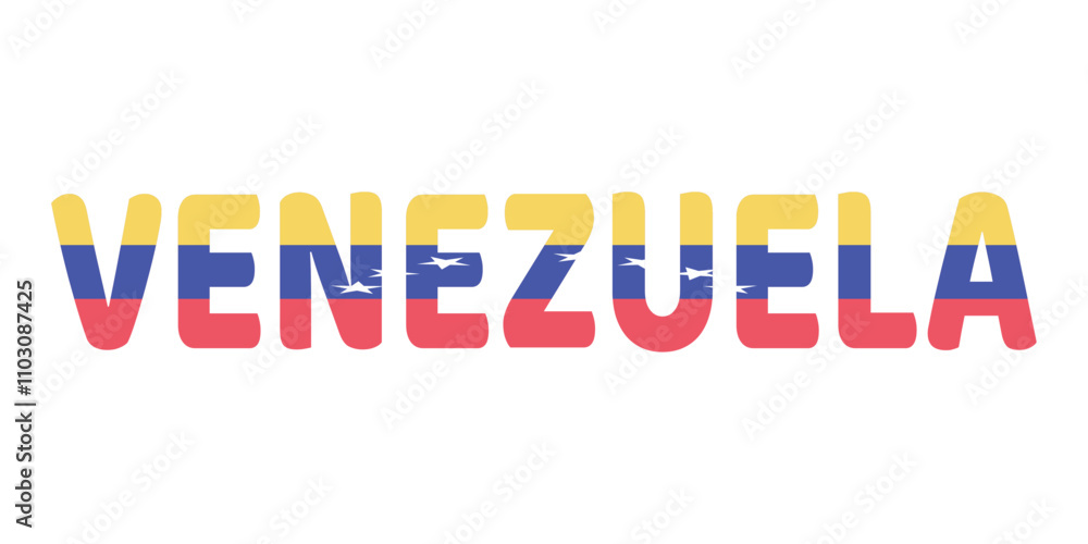 The country name VENEZUELA is displayed in large, bold letters. Each letter is filled with the colors and symbols of the Venezuelan flag. The country name VENEZUELA is displayed in large, bold letters. Each letter is filled with the colors and symbols of the Venezuelan flag.