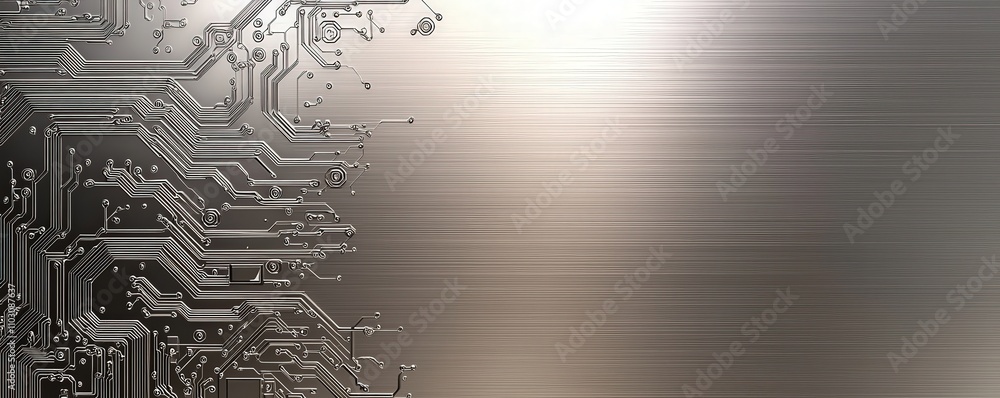 Obraz premium A metallic surface with intricate circuit-like patterns, reflecting light and creating a modern, technological aesthetic.