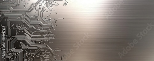 A metallic surface with intricate circuit-like patterns, reflecting light and creating a modern, technological aesthetic.