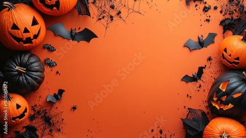 Halloween holiday card with party decorations of pumpkins, bats, spiders, ghosts on orange background. halloween party invitation card   photo