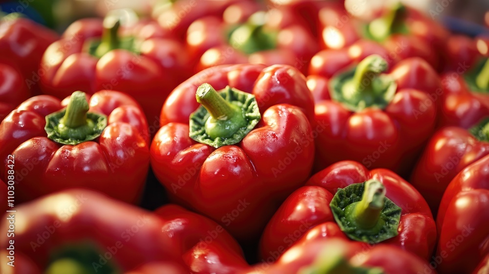 Vibrant Red Bell Peppers Showcasing Plump, Glossy Skin and Leafy Green Stems Ideal for Healthy Cooking and Colorful Dishes Vibrant Red Bell Peppers Showcasing Plump, Glossy Skin and Leafy Green Stems Ideal for Healthy Cooking and Colorful Dishes