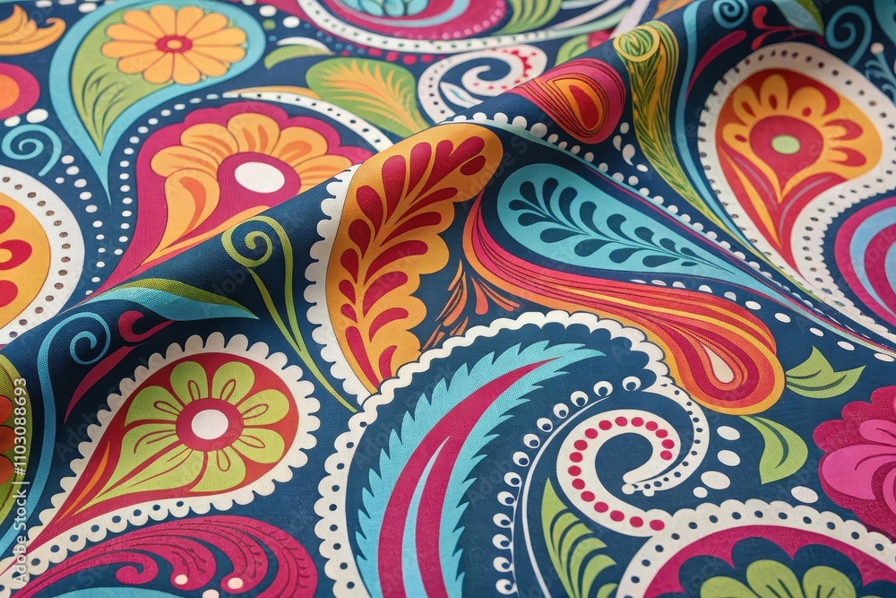 Fototapeta premium Vibrant Paisley Fabric with a Colorful Floral and Swirling Design, Perfect for Upholstery or Fashion Applications