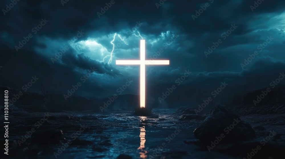 Naklejka premium Illuminated Cross Standing Firm Amidst a Dark, Stormy Sky with Flashing Lightning Reflecting Themes of Resilience and Faith