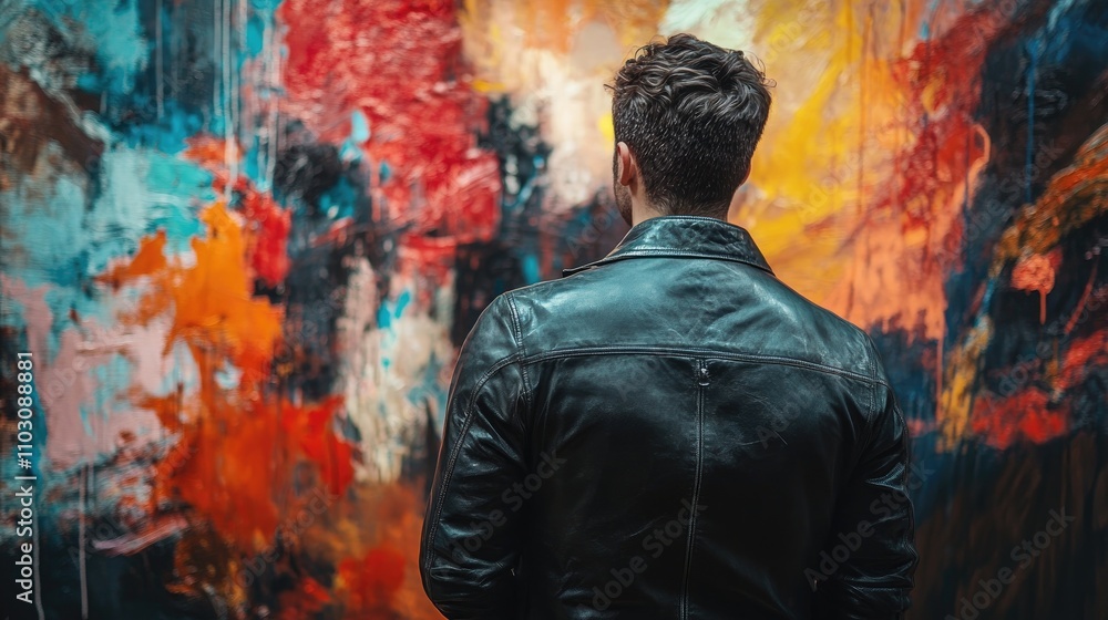 Obraz premium Man in a leather jacket observing vibrant abstract art with bold colors and dynamic brush strokes at a contemporary art exhibition.