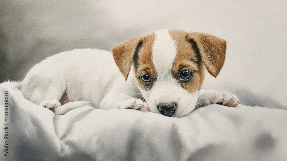 Jack Russell Terrier puppy lying on soft surface with a gray background, showcasing its playful expression and distinctive brown and white coat. Jack Russell Terrier puppy lying on soft surface with a gray background, showcasing its playful expression and distinctive brown and white coat.