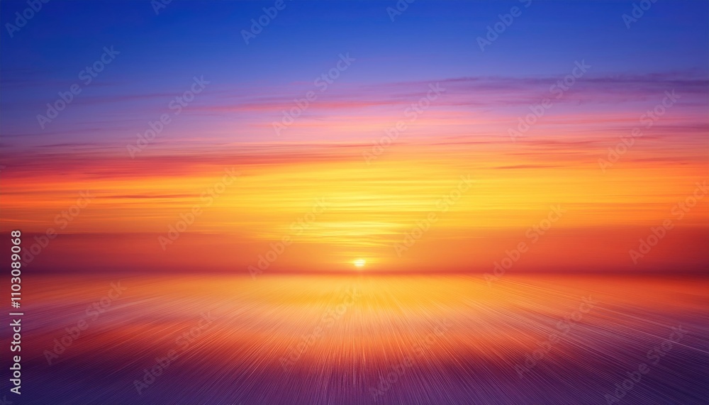 Obraz premium Golden Hour Horizon: A breathtaking vista of a vibrant sunrise or sunset, painting the sky with hues of orange, pink, purple, and blue, reflecting on the tranquil water.