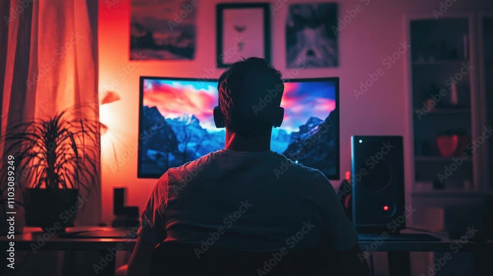 Person sitting in front of an unlit monitor in a dimly lit room with colorful ambient lighting and decorative wall art in the background. Person sitting in front of an unlit monitor in a dimly lit room with colorful ambient lighting and decorative wall art in the background.
