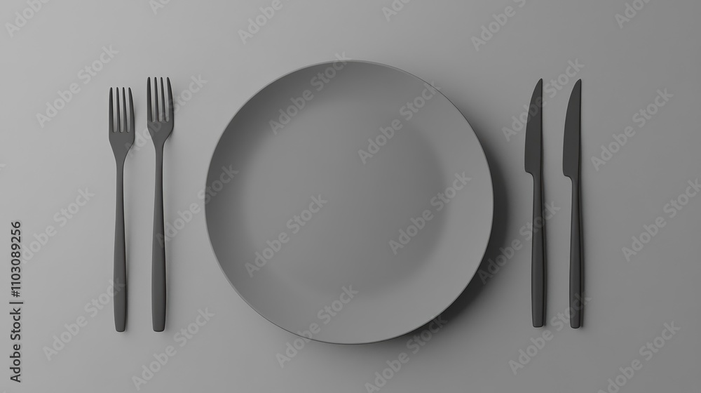 Minimalist grey monochrome dinnerware set showcasing a round plate accompanied by matching cutlery arranged elegantly on a flat surface. Minimalist grey monochrome dinnerware set showcasing a round plate accompanied by matching cutlery arranged elegantly on a flat surface.