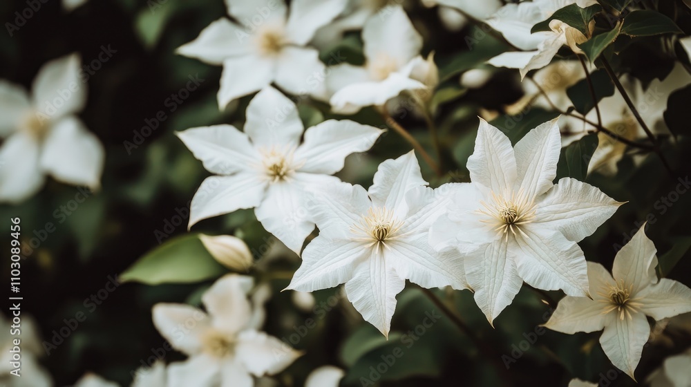 Fototapeta premium Fragrant white blooms of Clematis flammula in a soft, moody spring garden with textured floral background and ample copy space for text.
