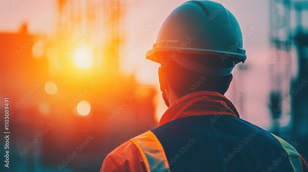 Worker in Safety Helmet Observing Sunset at Construction Site Worker in Safety Helmet Observing Sunset at Construction Site