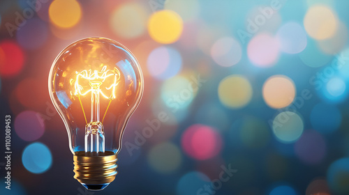 A glowing light bulb surrounded by colorful bokeh lights, symbolizing creativity and innovation.