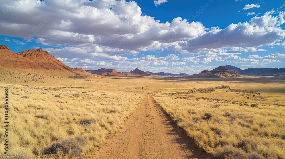Desolate Desert Landscape Highlighting Shimmering Dry Earth and Sparse Vegetation Under a Dramatic Sky with Fluffy White Clouds Desolate Desert Landscape Highlighting Shimmering Dry Earth and Sparse Vegetation Under a Dramatic Sky with Fluffy White Clouds