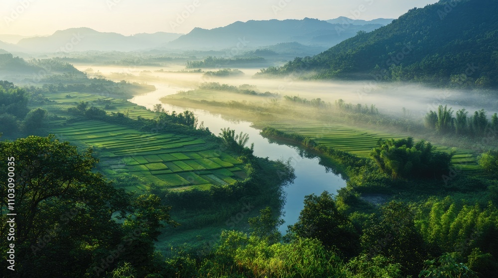 Panoramic view of vibrant farmland at sunrise with mist rising above a tranquil winding river surrounded by lush mountains and greenery. Panoramic view of vibrant farmland at sunrise with mist rising above a tranquil winding river surrounded by lush mountains and greenery.