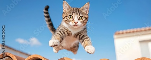 Cat advertise healthy concept. Urban-themed ad of a sprightly cat jumping across rooftops, with text promoting the energizing benefits of healthy eating