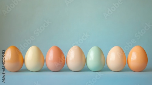 Pastel Easter eggs in soft shades of peach, orange, and mint arranged symmetrically on a serene blue background for a festive spring display. photo