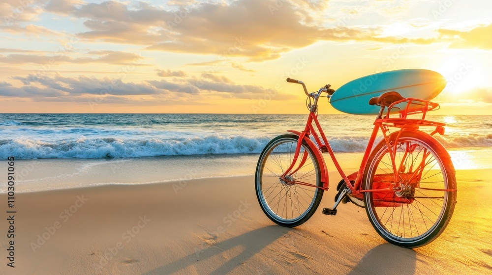 Bright Bicycle with Surfboard at Sunset Beach Scene Bright Bicycle with Surfboard at Sunset Beach Scene