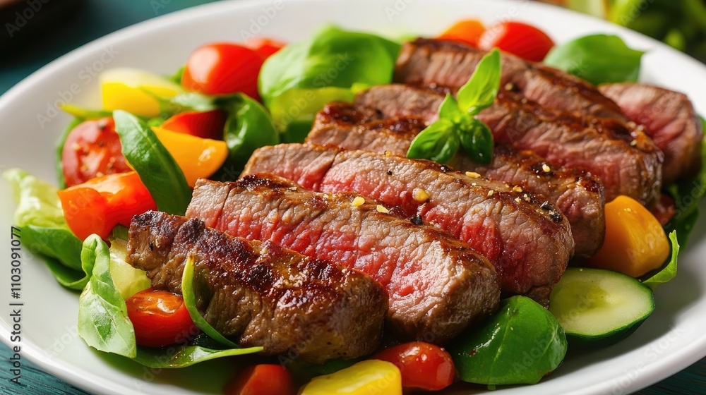 Succulent slices of tender veal presented with a colorful medley of fresh salad vegetables, showcasing vibrant greens and juicy tomatoes. Succulent slices of tender veal presented with a colorful medley of fresh salad vegetables, showcasing vibrant greens and juicy tomatoes.