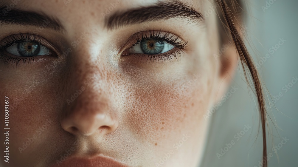 Close-Up Portrait of Freckled Young Woman with Captivating Eyes Close-Up Portrait of Freckled Young Woman with Captivating Eyes