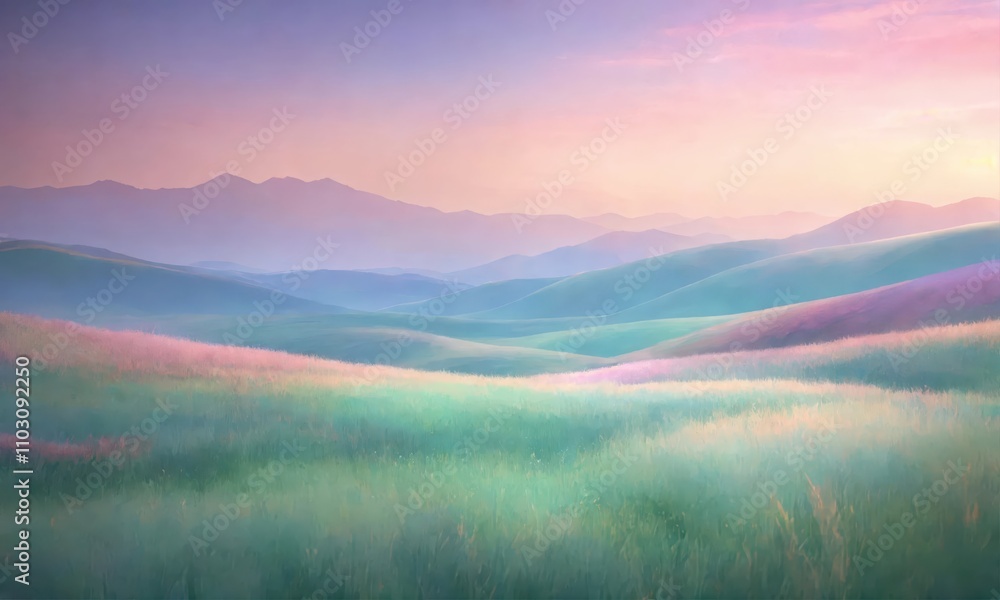 Fototapeta premium Blooming plain in the rays of the rising sun, pastel colours of nature at dawn, pink and blue gentle gradient