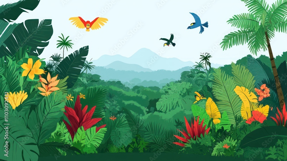 A vibrant jungle scene with tropical plants and colorful birds in a lush environment. A vibrant jungle scene with tropical plants and colorful birds in a lush environment.