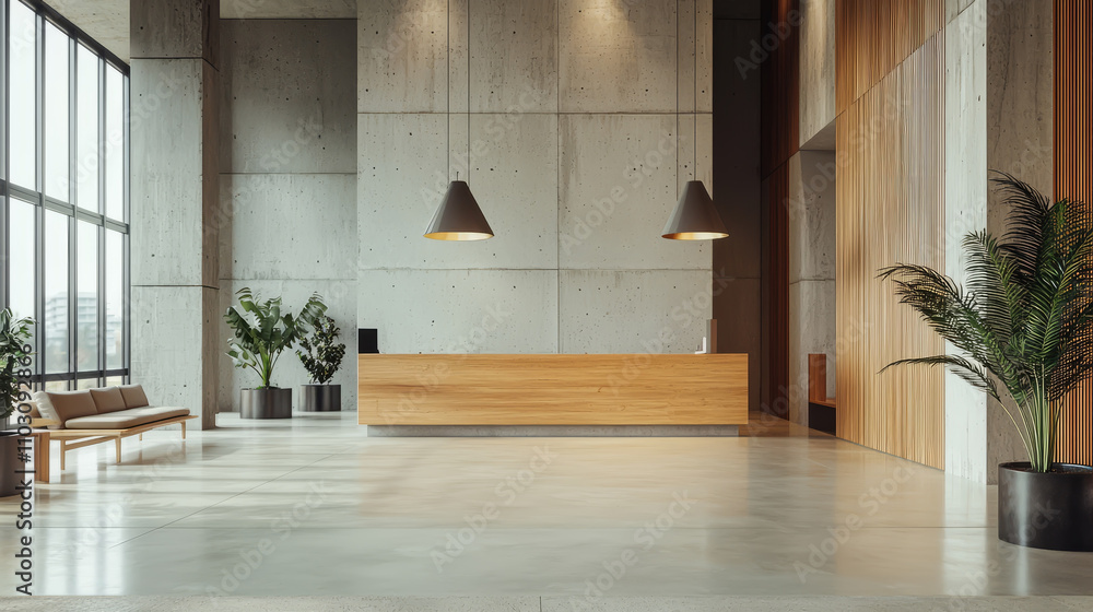 Contemporary lobby with polished concrete floors, wooden seating, and pendant lighting