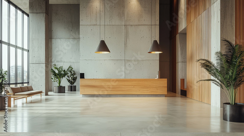 Obraz na płótnie Contemporary lobby with polished concrete floors, wooden seating, and pendant lighting w salonie