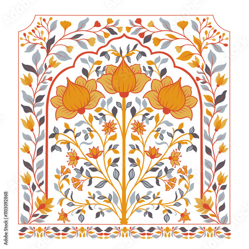 Mughal decorative ornamental floral. Vintage intricate traditional mughal style with flowers and foliage.