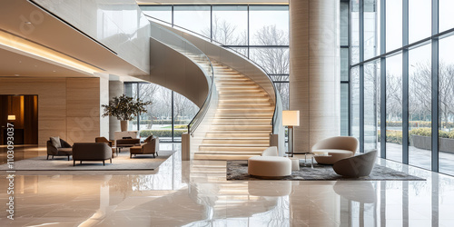 Lobby featuring a central glass staircase, high-end seating areas, and sculptural light fixtures