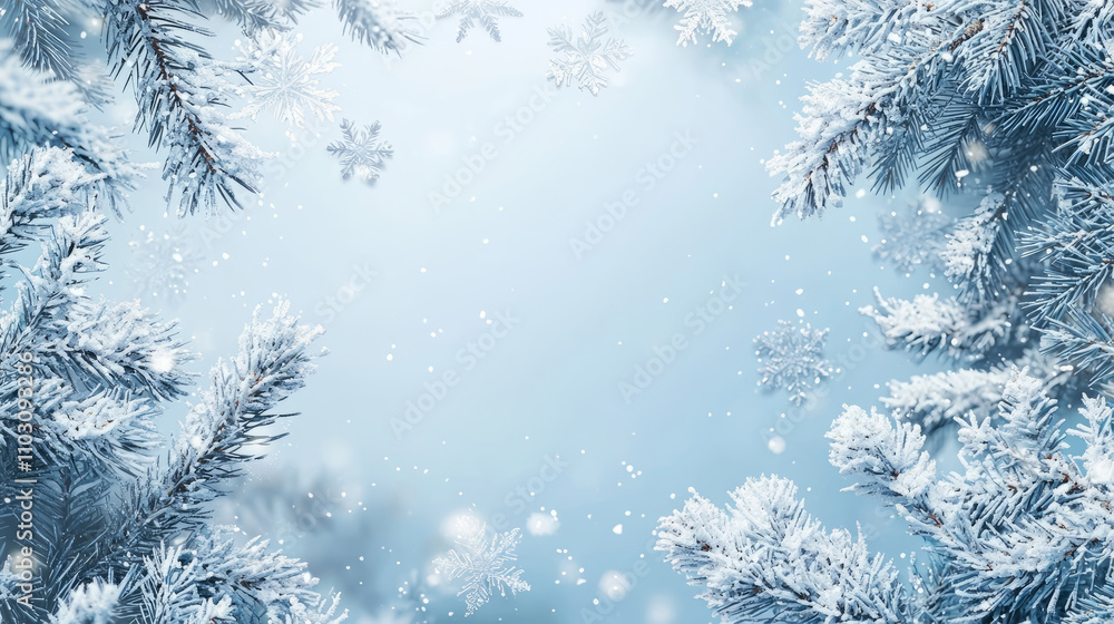 winter background with snowflakes and snowy tree, New Year design winter background with snowflakes and snowy tree, New Year design