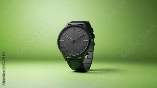 black wristwatch on green background 