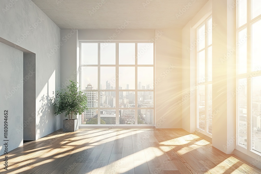Obraz premium Bright empty room with large windows and city view