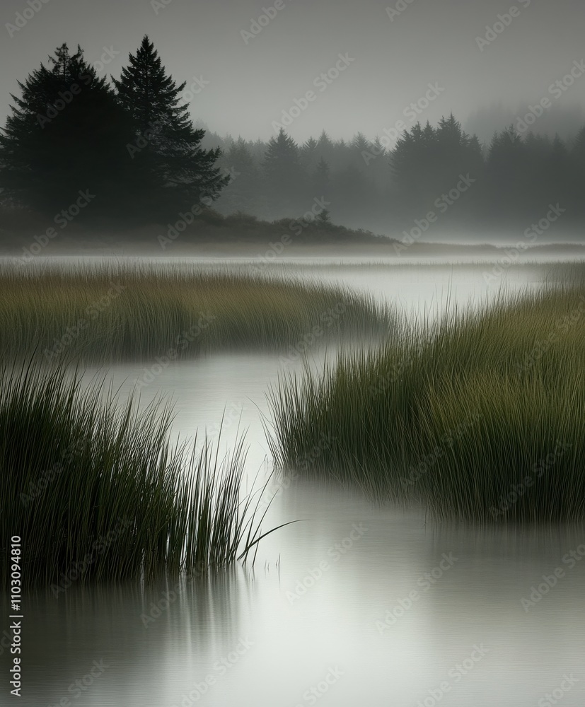 Fototapeta premium Misty Marsh Landscape: A Serene Coastal Scene