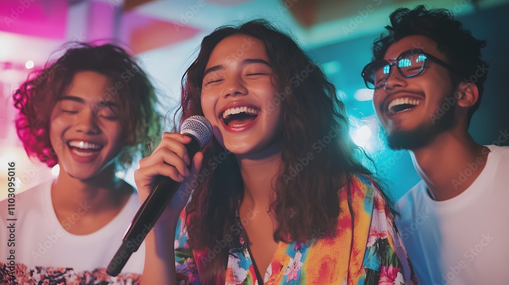 Young adult group of three friends are singing and having fun at an indoor party,Generative AI Young adult group of three friends are singing and having fun at an indoor party,Generative AI