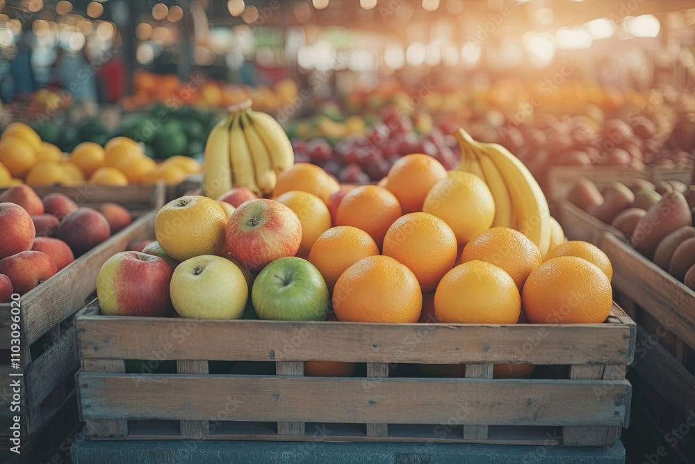 Fresh fruits and vegetables at a market stall with colorful apples ...