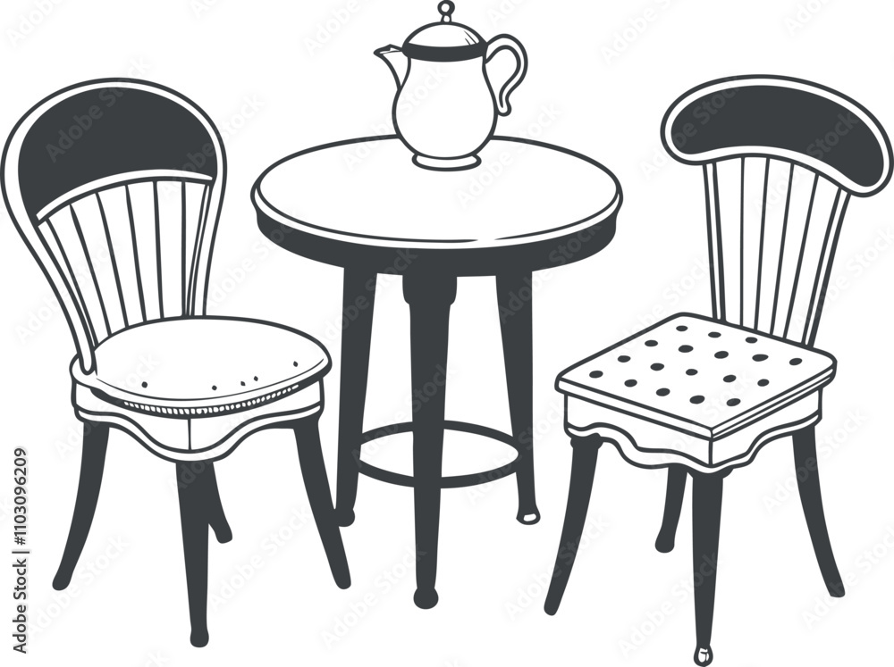 Sketch hand Modern Seating Arrangement Two Chairs and Table Line Drawing vector illustration generated AI Sketch hand Modern Seating Arrangement Two Chairs and Table Line Drawing vector illustration generated AI
