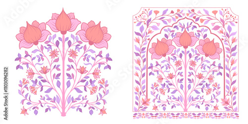 Mughal decorative ornamental floral. Vintage intricate traditional mughal style with flowers and foliage.