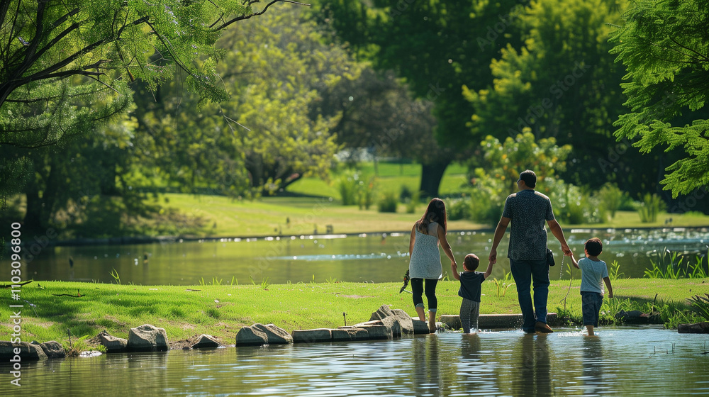 Family walking along a pond path on a sunny day Family walking along a pond path on a sunny day