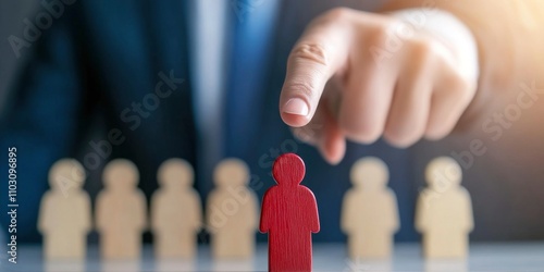 A businessman pointing at one red wooden figure among white people on a grey background, a human resources concept.