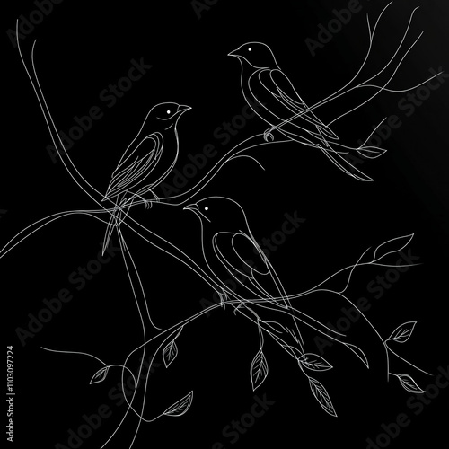 Elegant Line Art of Birds on Branch with Black Background