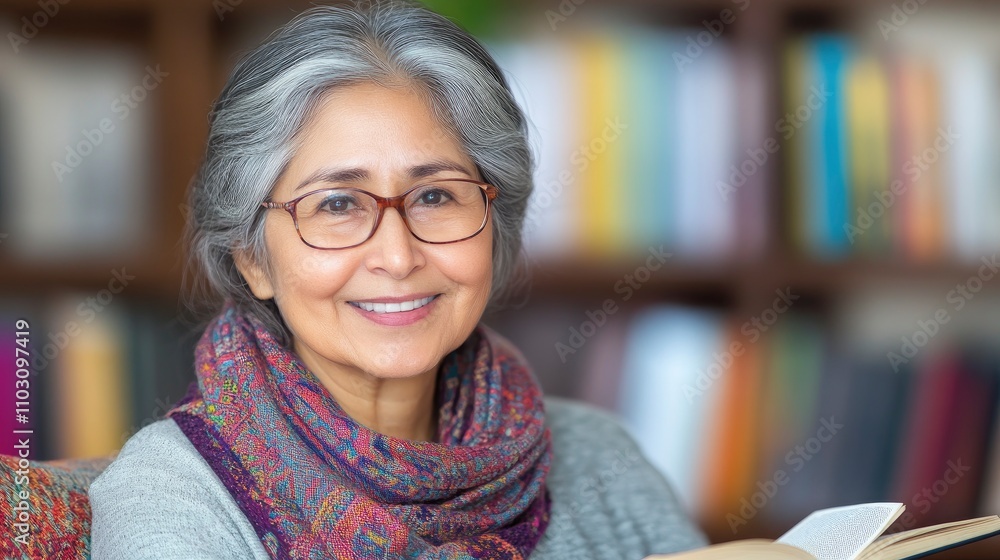 A smiling elderly woman with a scarf and glasses sits on the couch in her living room, reading an open book. She is surrounded by books, with a bokeh effect in the background. A smiling elderly woman with a scarf and glasses sits on the couch in her living room, reading an open book. She is surrounded by books, with a bokeh effect in the background.