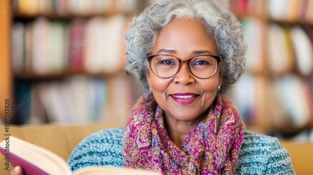 A smiling elderly woman with a scarf and glasses sits on the couch in her living room, reading an open book. She is surrounded by books, with a bokeh effect in the background. A smiling elderly woman with a scarf and glasses sits on the couch in her living room, reading an open book. She is surrounded by books, with a bokeh effect in the background.