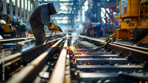 Engineer Welding on Railroad Track with Construction Site Background