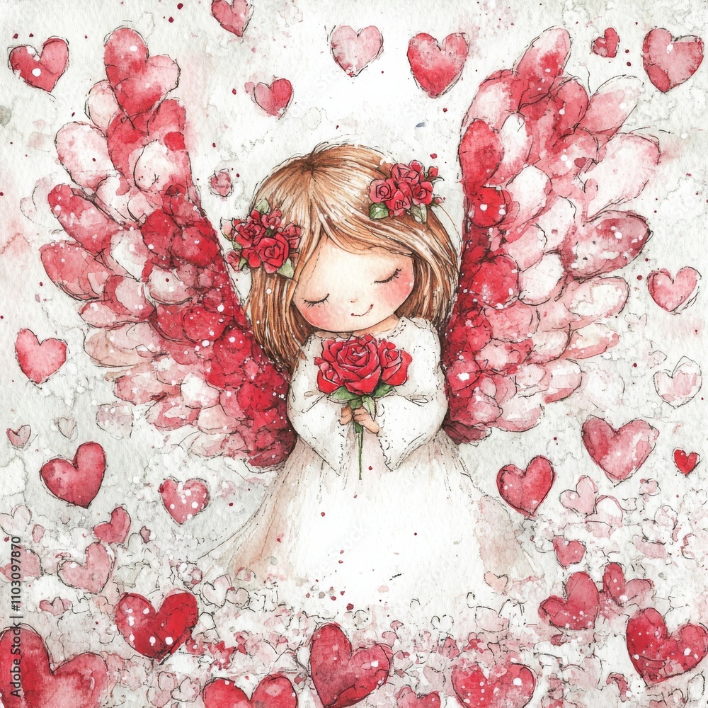 A delicate watercolor illustration of an angelic figure with rose garland and heart-shaped wings, holding roses surrounded by floating hearts. A delicate watercolor illustration of an angelic figure with rose garland and heart-shaped wings, holding roses surrounded by floating hearts.