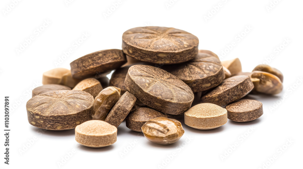 Triphala Hard Tablets in a Stylish Display on White. Triphala Hard Tablets in a Stylish Display on White.