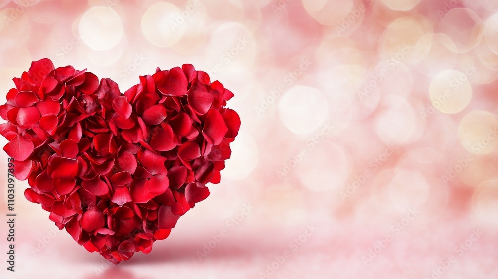 A striking image of a heart formed by lush red petals set against a blurred pink and white bokeh background, symbolizing love and romance. A striking image of a heart formed by lush red petals set against a blurred pink and white bokeh background, symbolizing love and romance.
