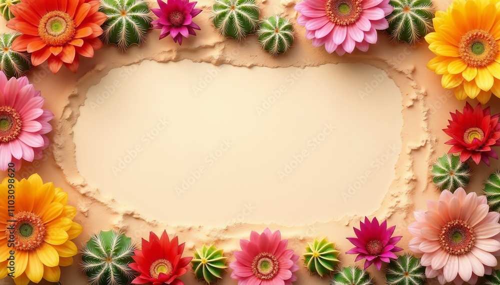 Background with Bright Desert Cactus Flowers in Orange, Pink, and Yellow with Succulent Leaves Framing a Sand Beige Center, Bright and Unique Background with Bright Desert Cactus Flowers in Orange, Pink, and Yellow with Succulent Leaves Framing a Sand Beige Center, Bright and Unique
