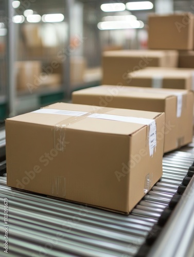 .Closeup of multiple cardboard box packages seamlessly moving along a conveyor - ai