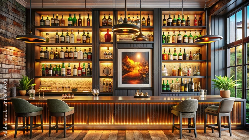 Framed Poster Mockup in a Stylish Liquor Bar Interior Design with Alcohol Decor Elements and Elegant Frame Display Framed Poster Mockup in a Stylish Liquor Bar Interior Design with Alcohol Decor Elements and Elegant Frame Display