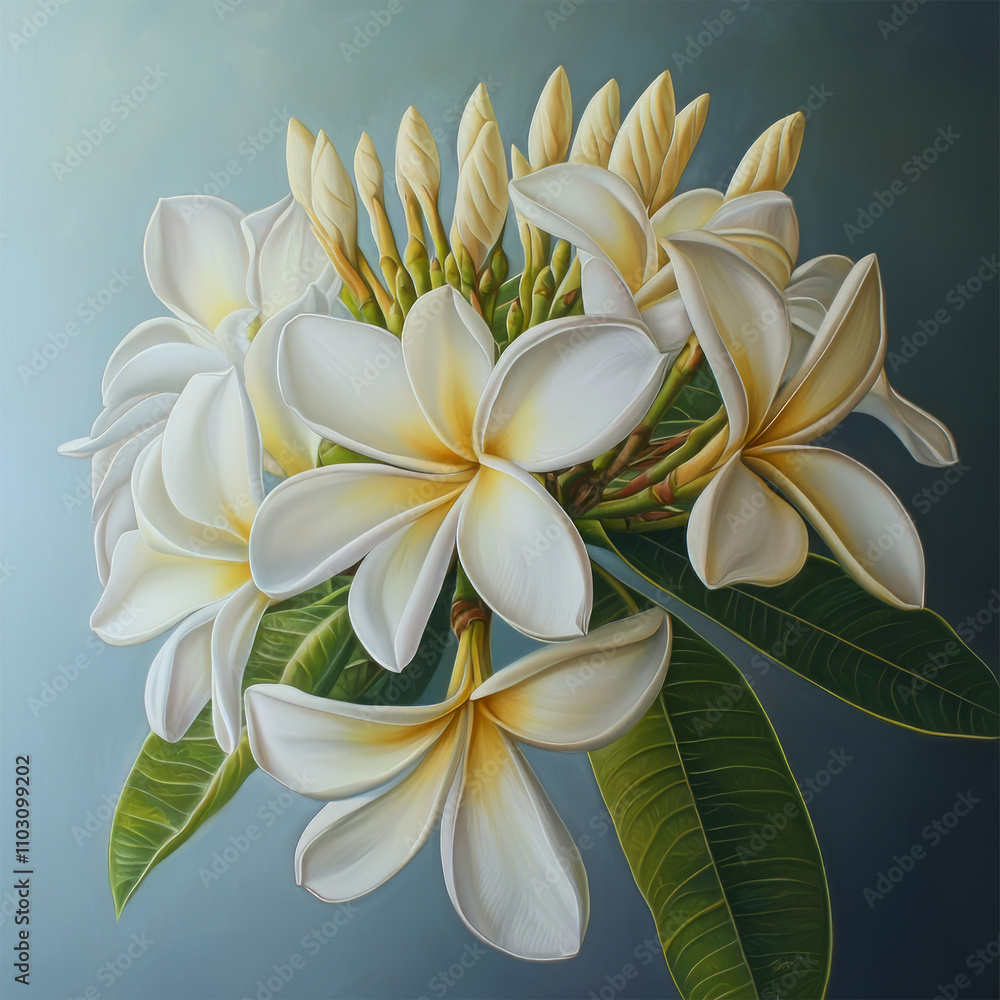 Fototapeta premium frangipani flowers, flower, floral, botanical, plant, leaves, bloom, blossom, nature, feminine, logo, banner, marketing 